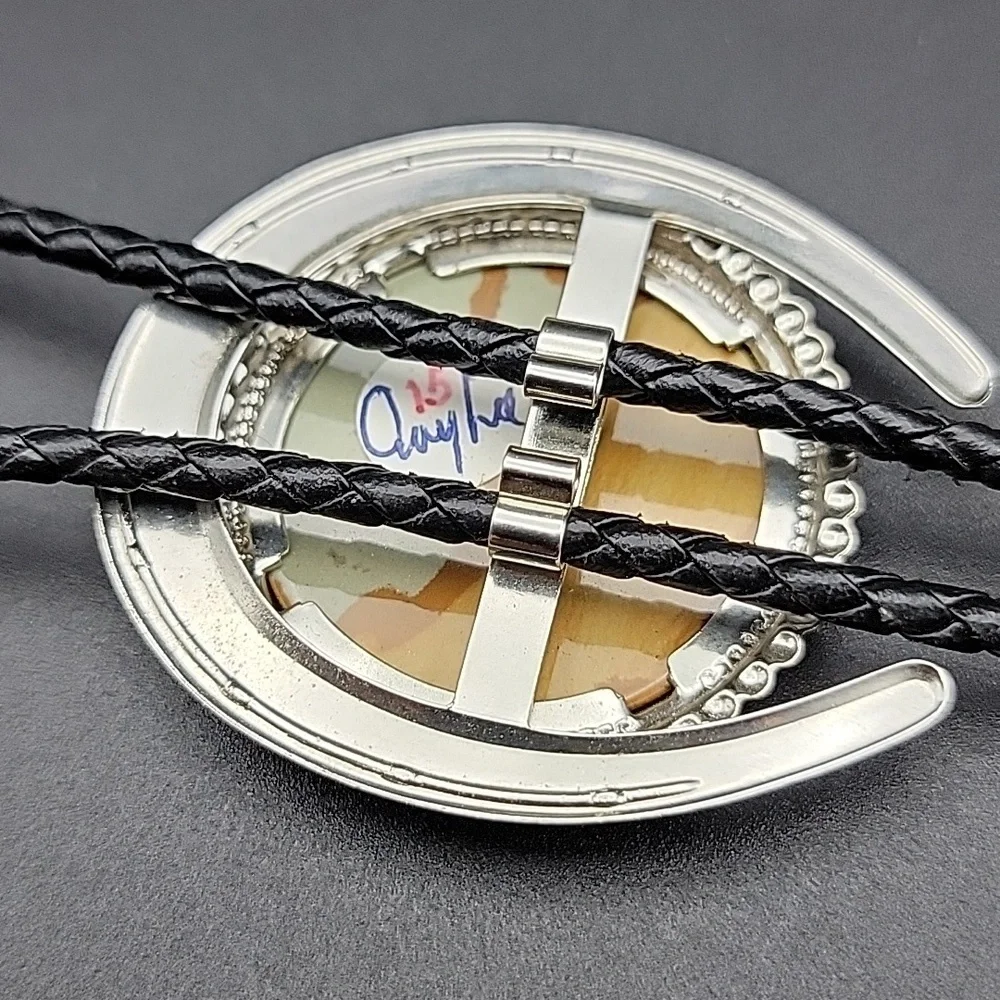 Mens Desert Lanscape Picture Jasper Bolo Braided Leather Tie Natural Gemstone